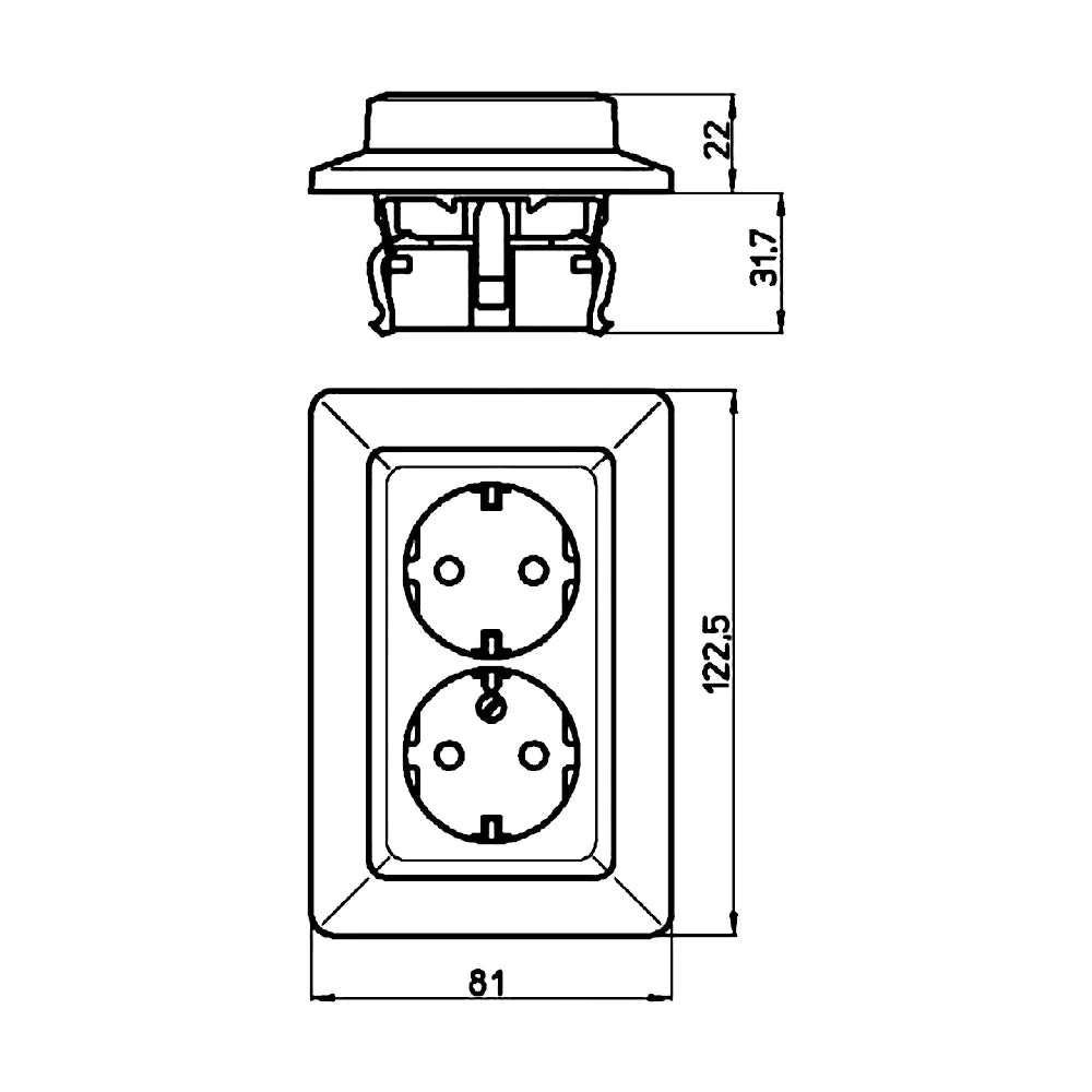 Kopp Milano weiß Steckdose 2-fach technische Zeichnung mit Abmessungen