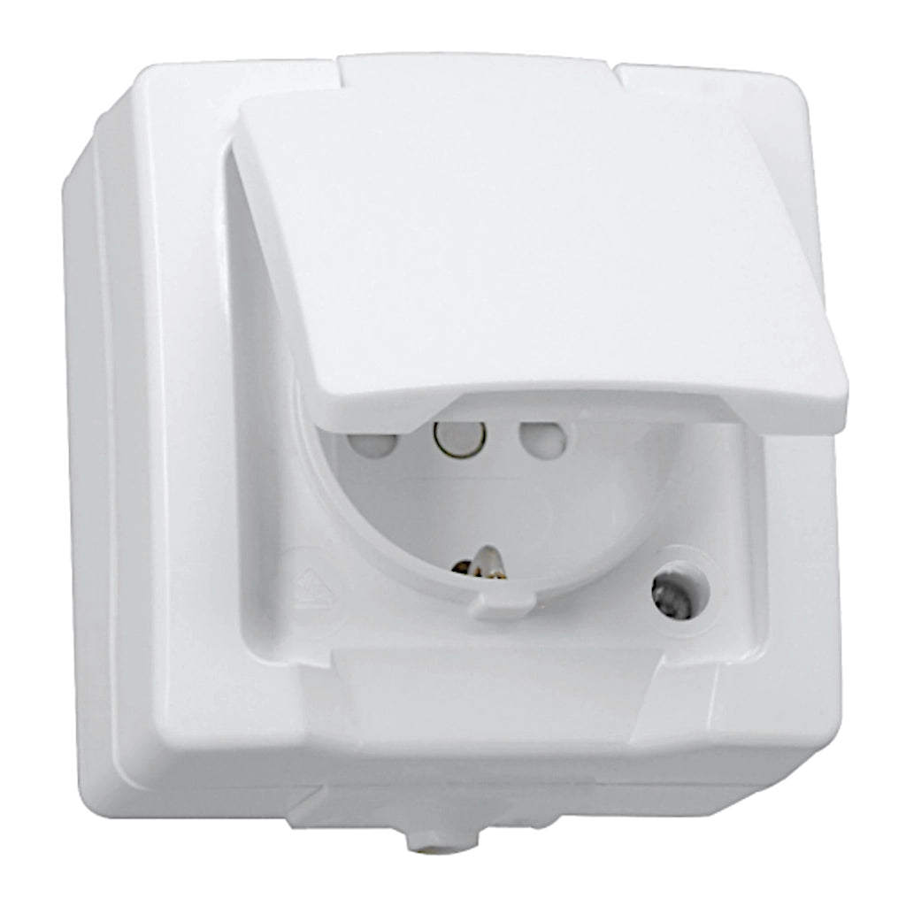 Kopp Nautic arktisweiß Steckdose mit Berührungsschutz (107802006) Ansicht schräg von vorn mit geöffnetem Klappdeckel