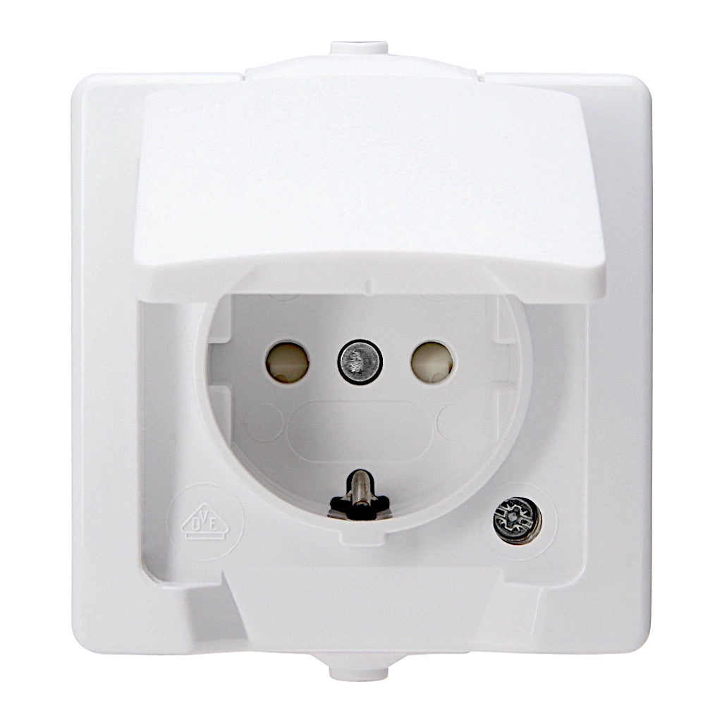 Kopp Nautic arktisweiß Steckdose mit Berührungsschutz (107802006) Ansicht von vorn mit geöffnetem Klappdeckel