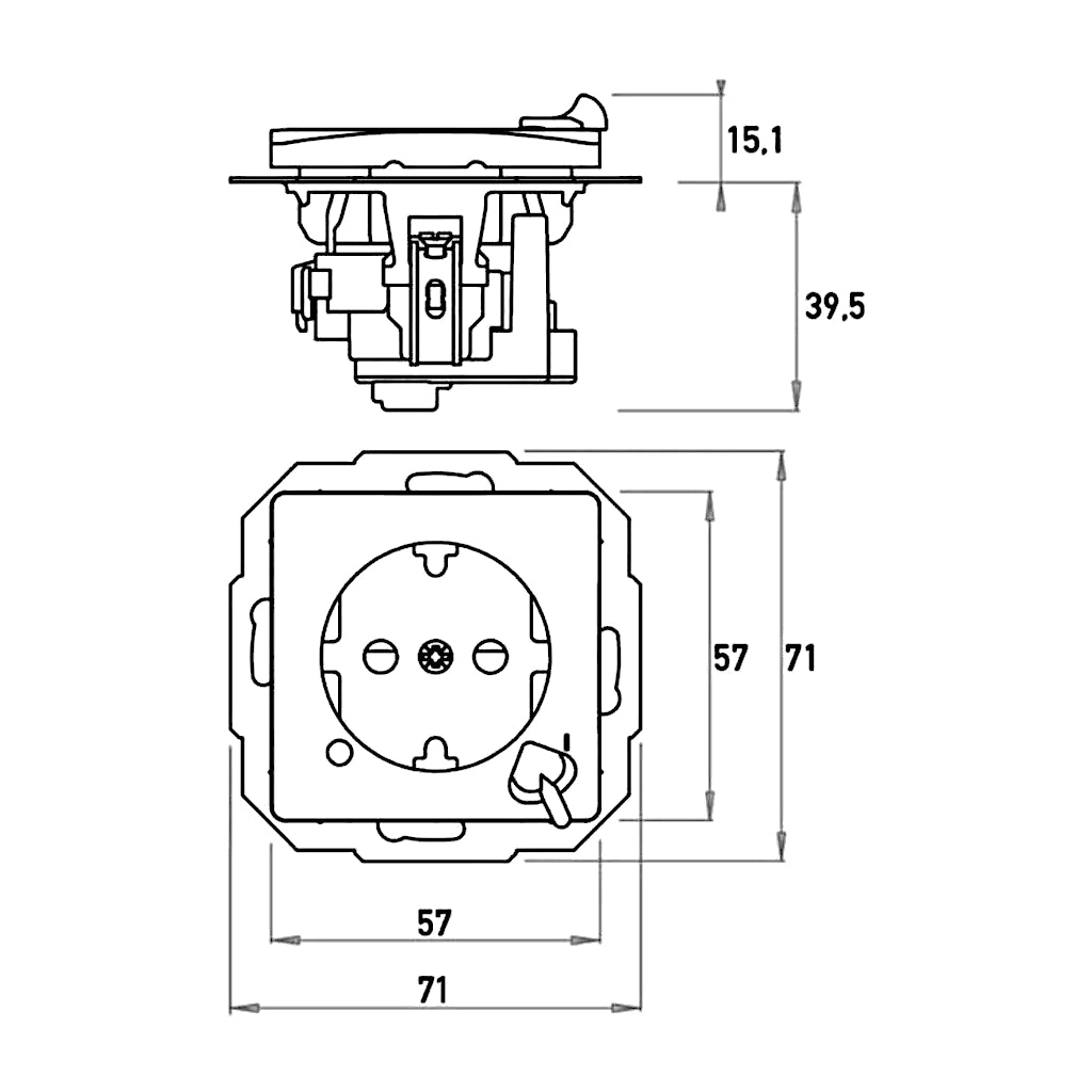 Kopp Paris arktisweiß Steckdose mit Ein/Aus Schalter technische Zeichnung mit Abmessungen