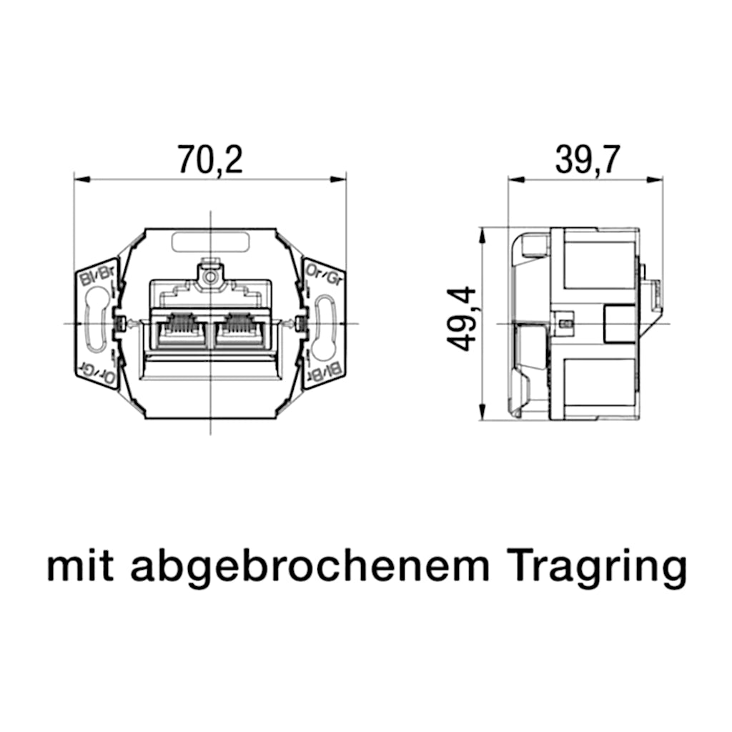 Kopp Netzwerkanschlussdose Cat.6a (920100183) technische Zeichnung mit Abmessungen ohne Tragring