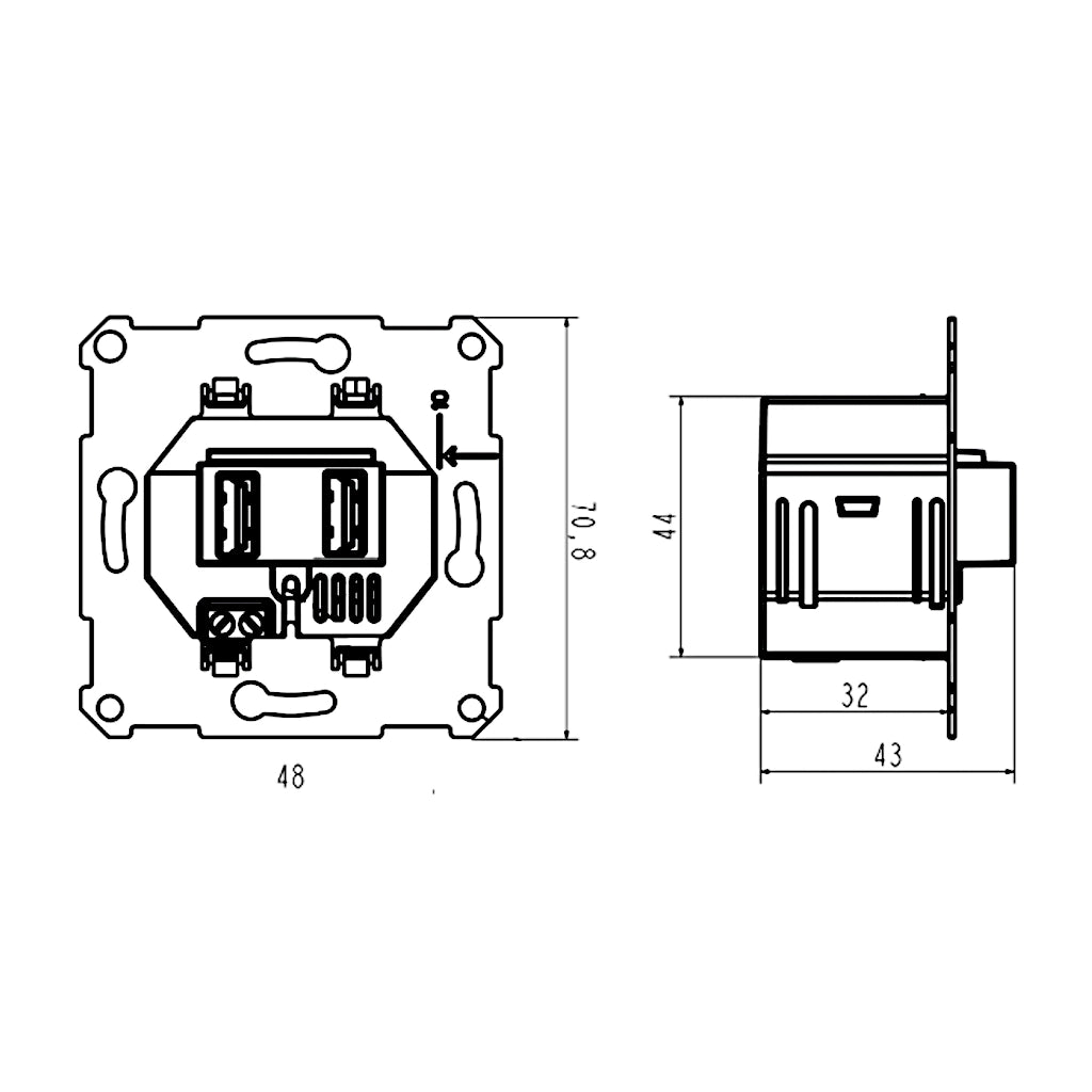 Kopp USB Ladesteckdose 2100 mA (296101185) technische Zeichnung mit Abmessungen
