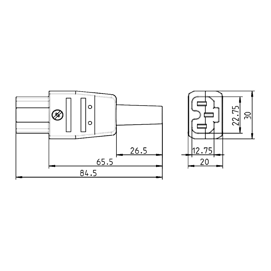 Kopp Heißgerätestecker / Warmgerätestecker schwarz 181505000 technische Zeichnung mit Abmessungen
