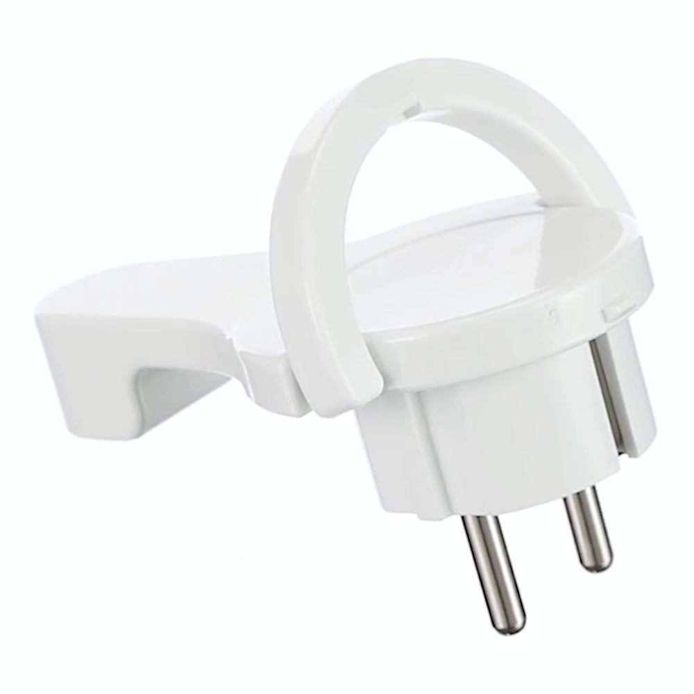 Kopp Winkelstecker extraflach 8mm weiß Ansicht von der Seite mit abgeklappten Bügel