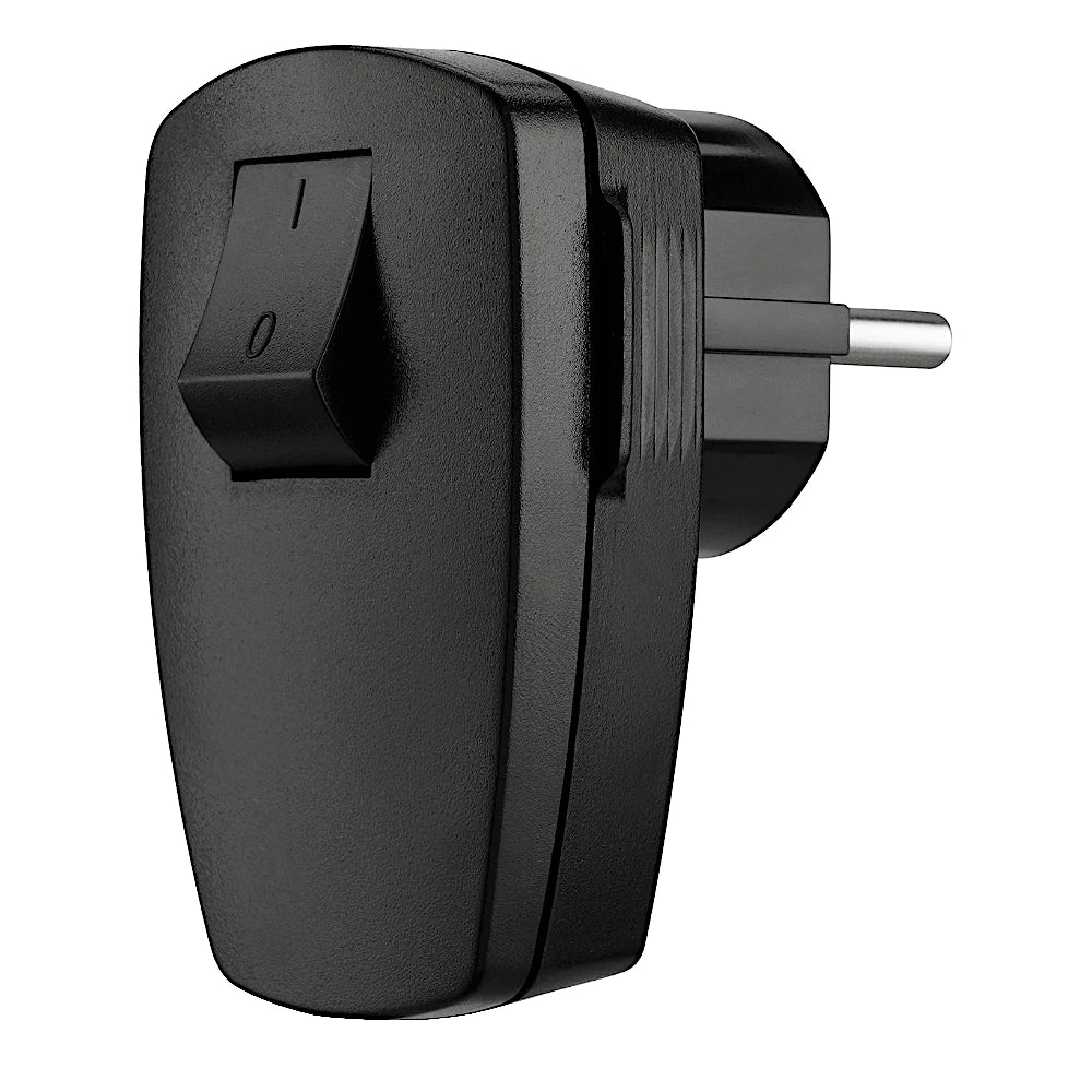 Kopp Winkelstecker mit Schalter schwarz Ansicht schräg von rechts