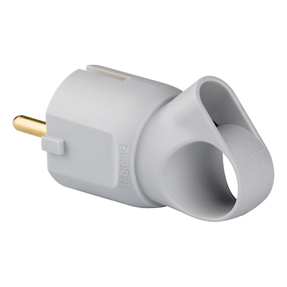 Legrand Stecker mit Abzugsgriff grau Ansicht schräg von links hinten