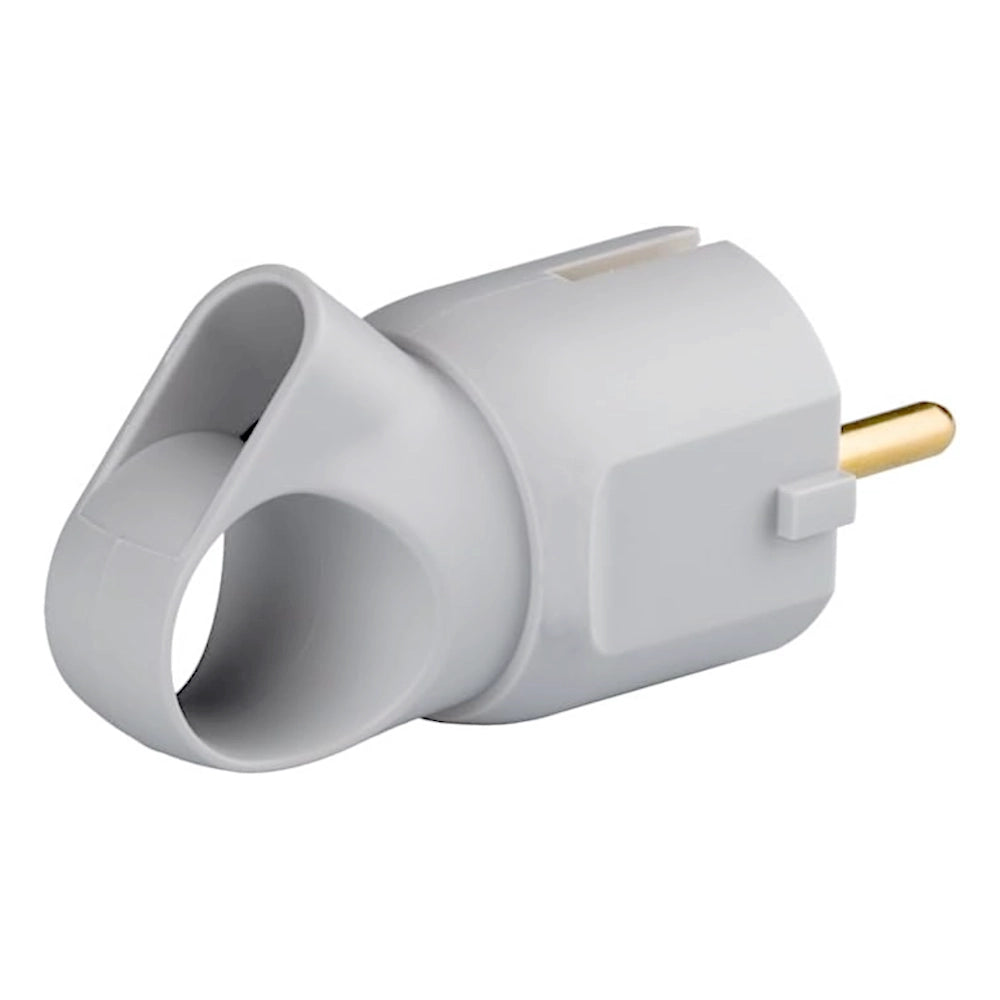 Legrand Stecker mit Abzugsgriff grau Ansicht schräg von rechts hinten