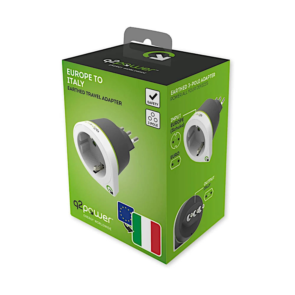 q2 Power Reiseadapter Europa nach Italien Verpackung