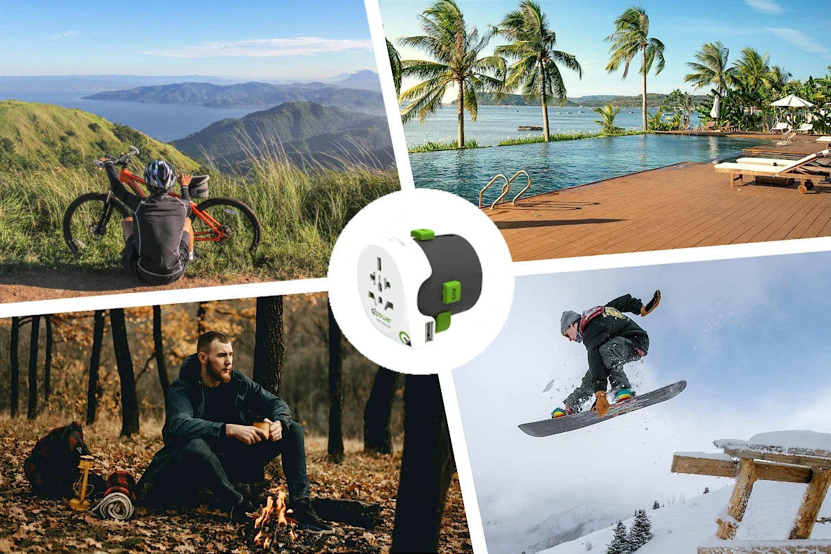Reise zu den 4 Jahreszeiten: Frühling Wandern, Sommer am Strand, Herbst Lagerfeuer im Wald, Winter Skifahren