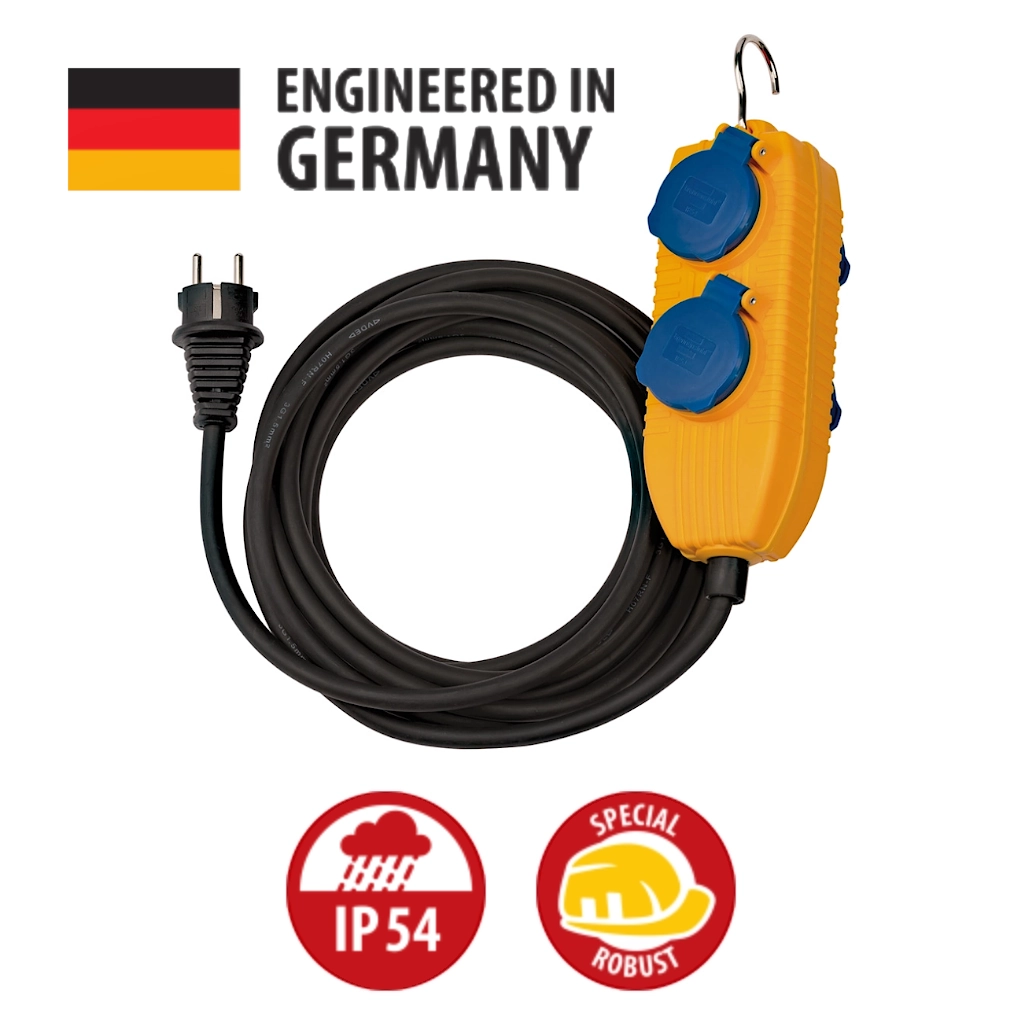 Brennenstuhl Baustellenkabel mit Powerblock 4-fach 5m IP54 (1169200010) mit Text "Engineered in Germany" und IP54 Logo