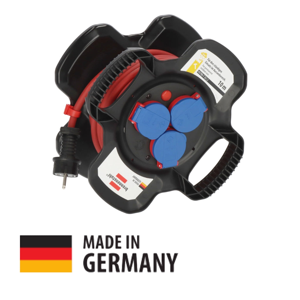 Brennenstuhl X-Gum Kabeltrommel 3-fach 10m IP44 (1169710100) Vorderansicht mit Made in Germany Logo