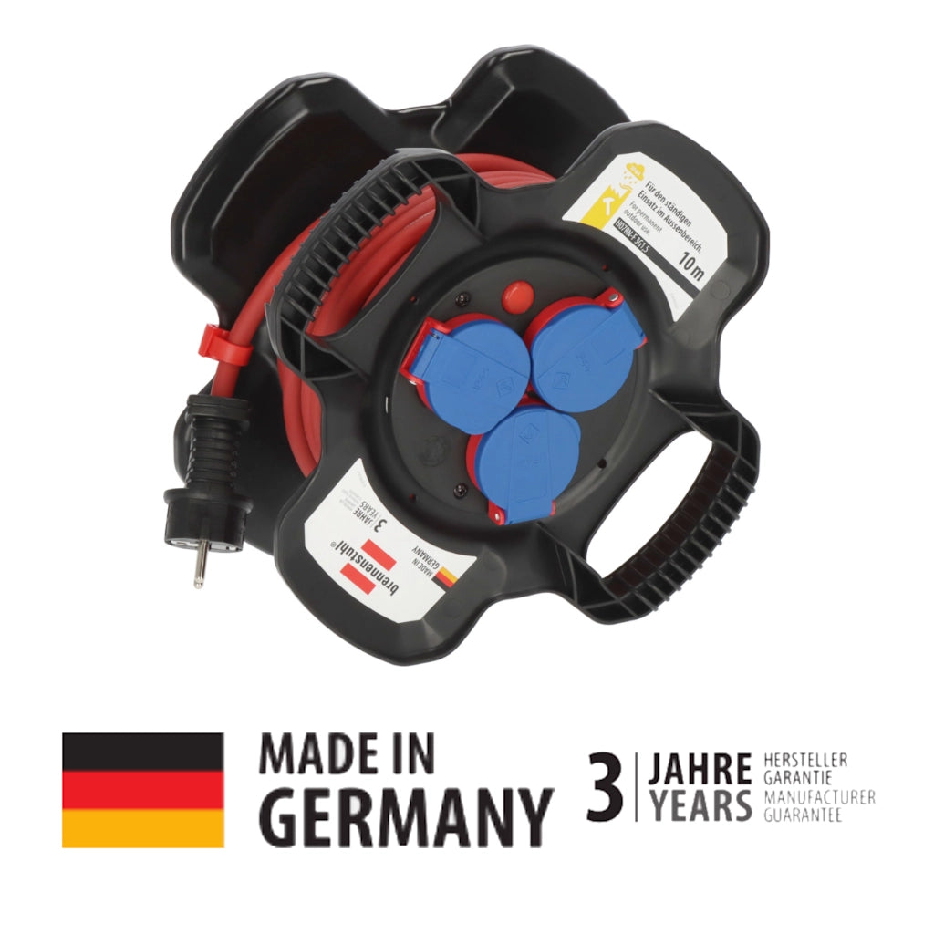 Brennenstuhl X-Gum Kabeltrommel 3-fach 10m IP44 (1169710100) Vorderansicht mit Made in Germany Logo