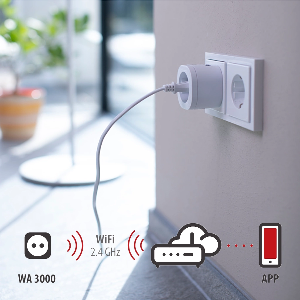  Eine Brennenstuhl WiFi Steckdose eingesteckt in einer Steckdose an einer weißen Wand - Ansicht von der Seite