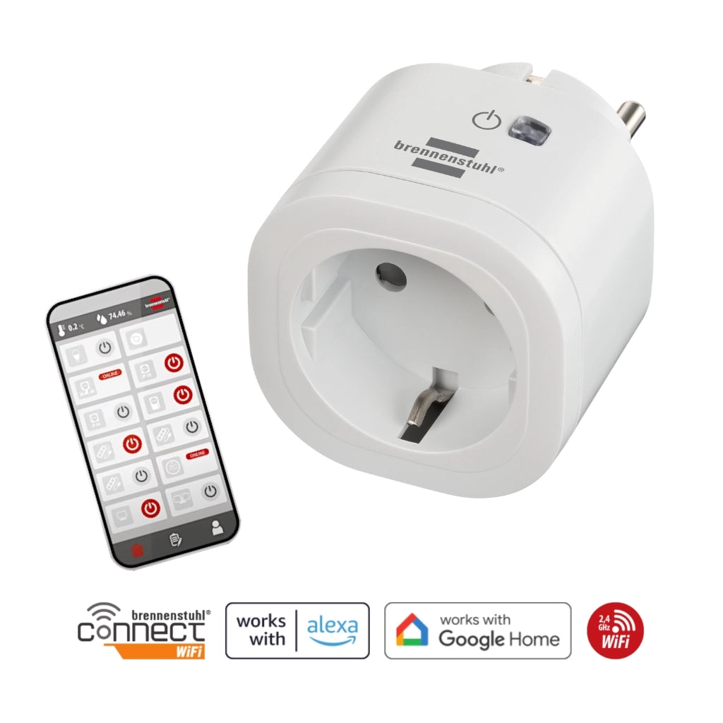 Brennenstuhl WiFi Steckdose WA3000 XS01 weiß (1294850) Ansicht schräg von vorn mit Alexa und Google Assistant Logo