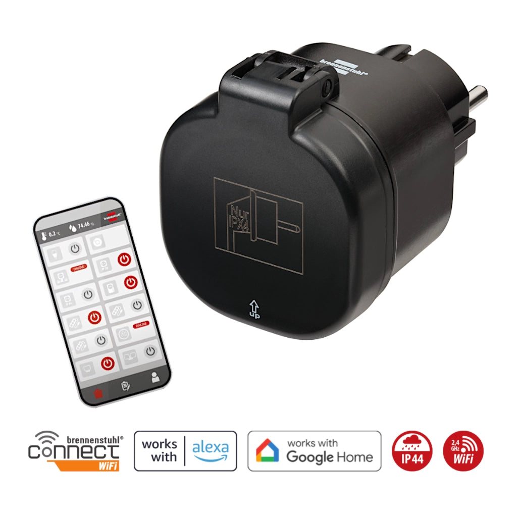 Brennenstuhl WiFi Steckdose WA3000 XS02 schwarz IP44 (1294860) Ansicht von vorn mit geschlossenem Klappdeckel und  Google und Alexa Symbolen