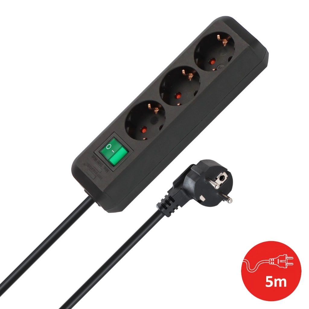 Brennenstuhl Steckdosenleiste 3-fach 5m schwarz mit Schalter Eco-Line (1152900) Ansicht schräg von der Seite mit Stecker