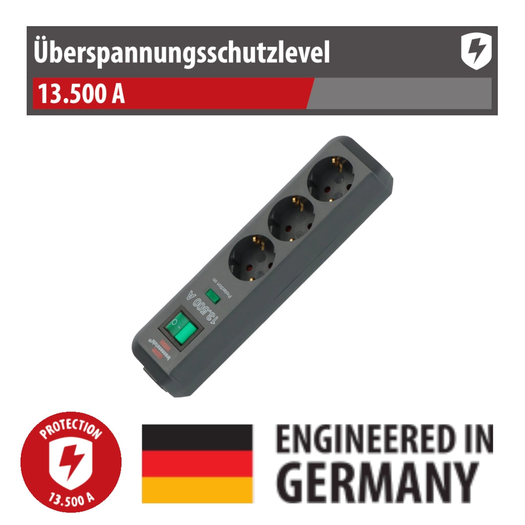 Brennenstuhl Steckdosenleiste 3-fach 1,5m anthrazit mit Schalter Überspannungsschutz Eco LIne (1158820315) Ansicht schräg von oben
