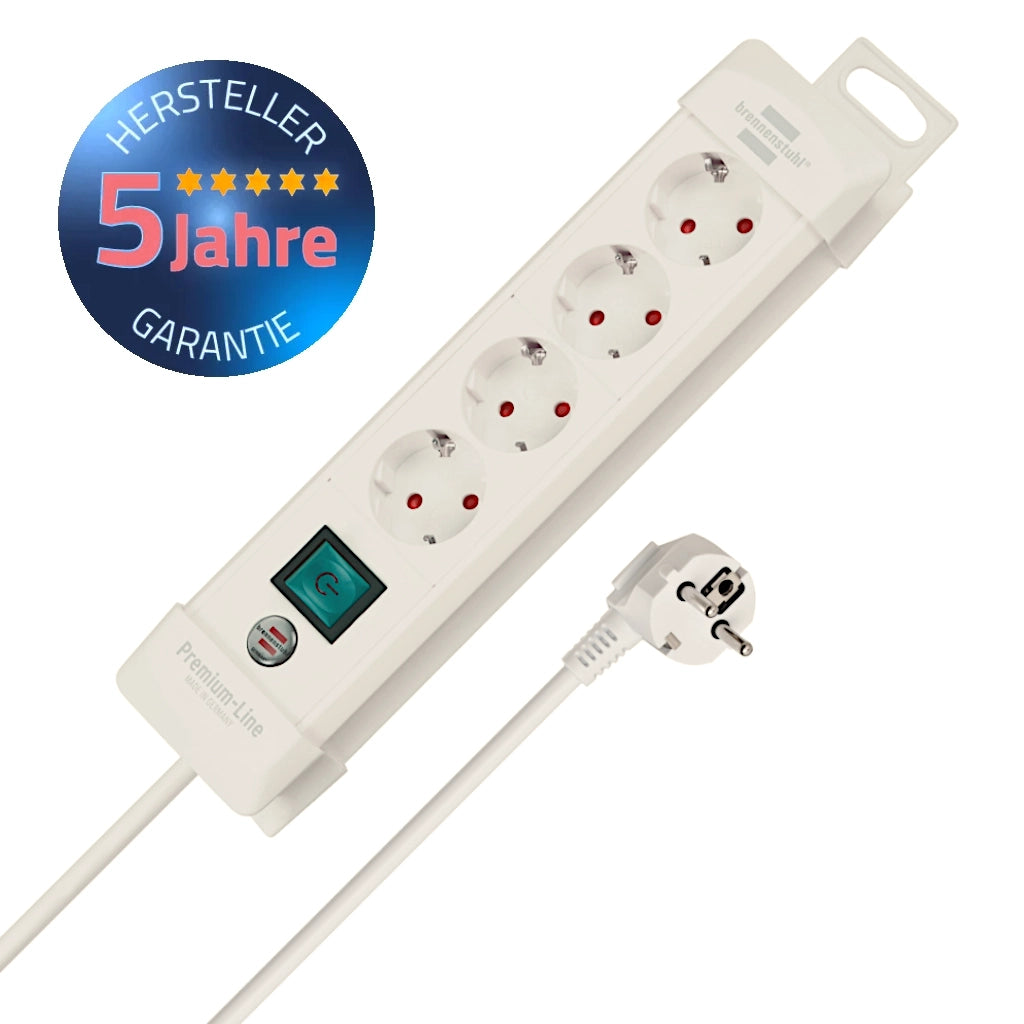 Brennenstuhl Steckdosenleiste 4-fach mit Schalter 1,8m weiß (1952240100) Vorderansicht zusammen mit Schutzkontaktstecker