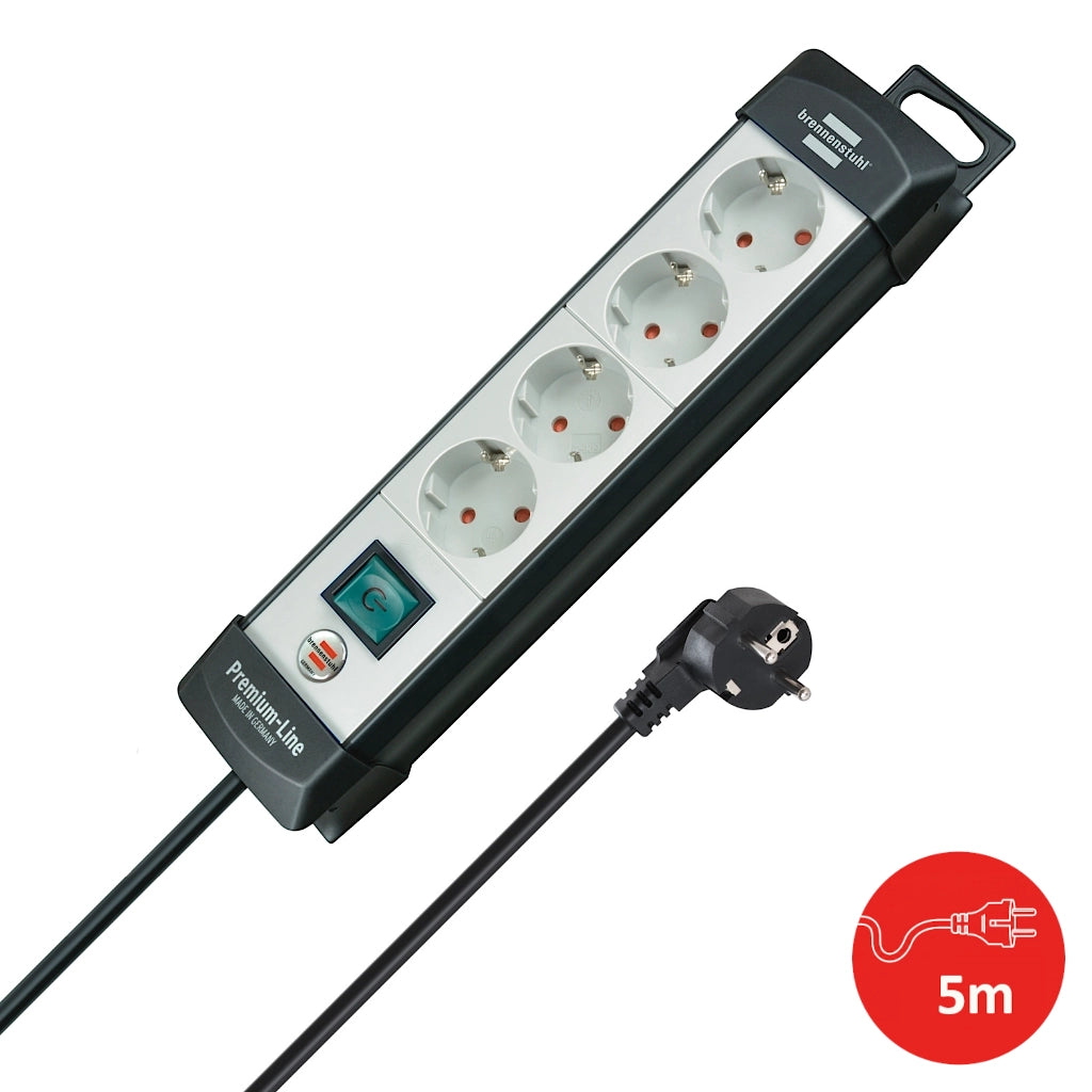 Brennenstuhl Steckdosenleiste 4-fach mit Schalter 5m grau/schwarz (1951540101) Vorderansicht mit Schutzkontaktstecker