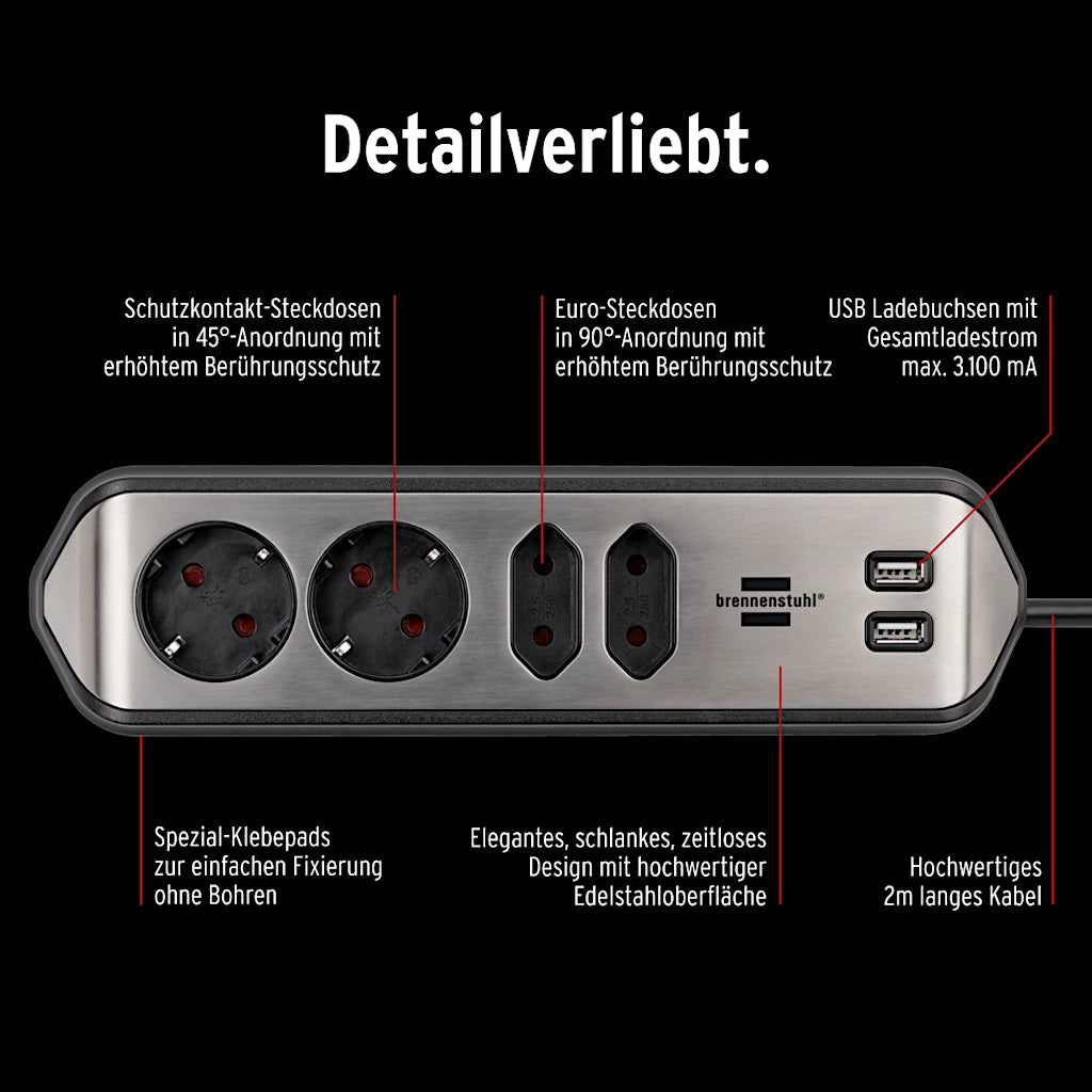 Brennenstuhl Eck-Steckdosenleiste 4-fach 2xUSB Edelstahl / schwarz (1153590410) Ansicht von oben mit Beschriftung der Ausstattungsmerkmale