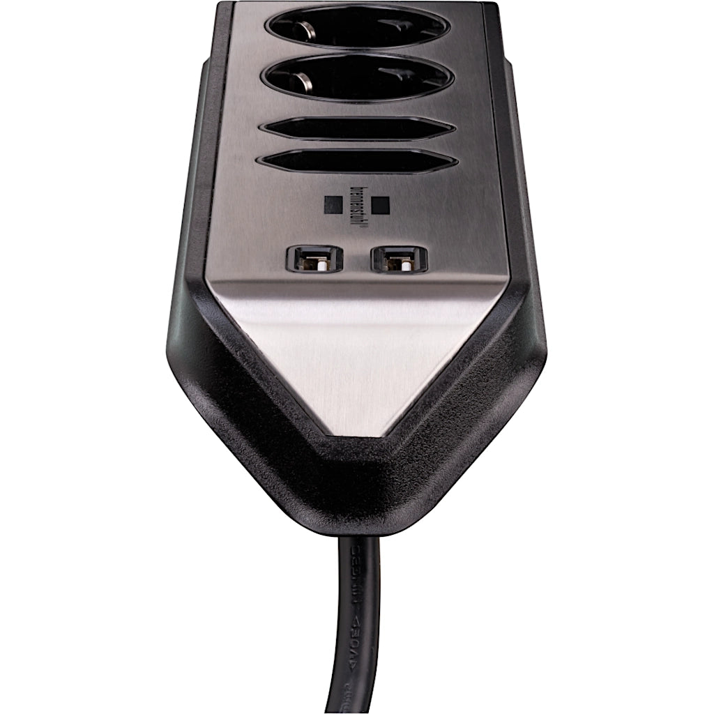 Brennenstuhl Eck-Steckdosenleiste 4-fach 2xUSB Edelstahl / schwarz (1153590410) Nahaufnahme der USB Anschlüsse