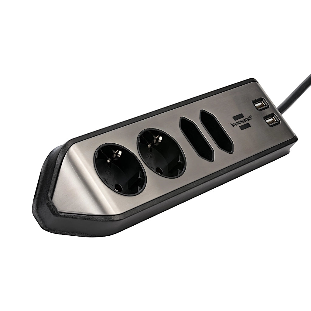 Brennenstuhl Eck-Steckdosenleiste 4-fach 2xUSB Edelstahl / schwarz (1153590410) Ansicht schräg von vorn