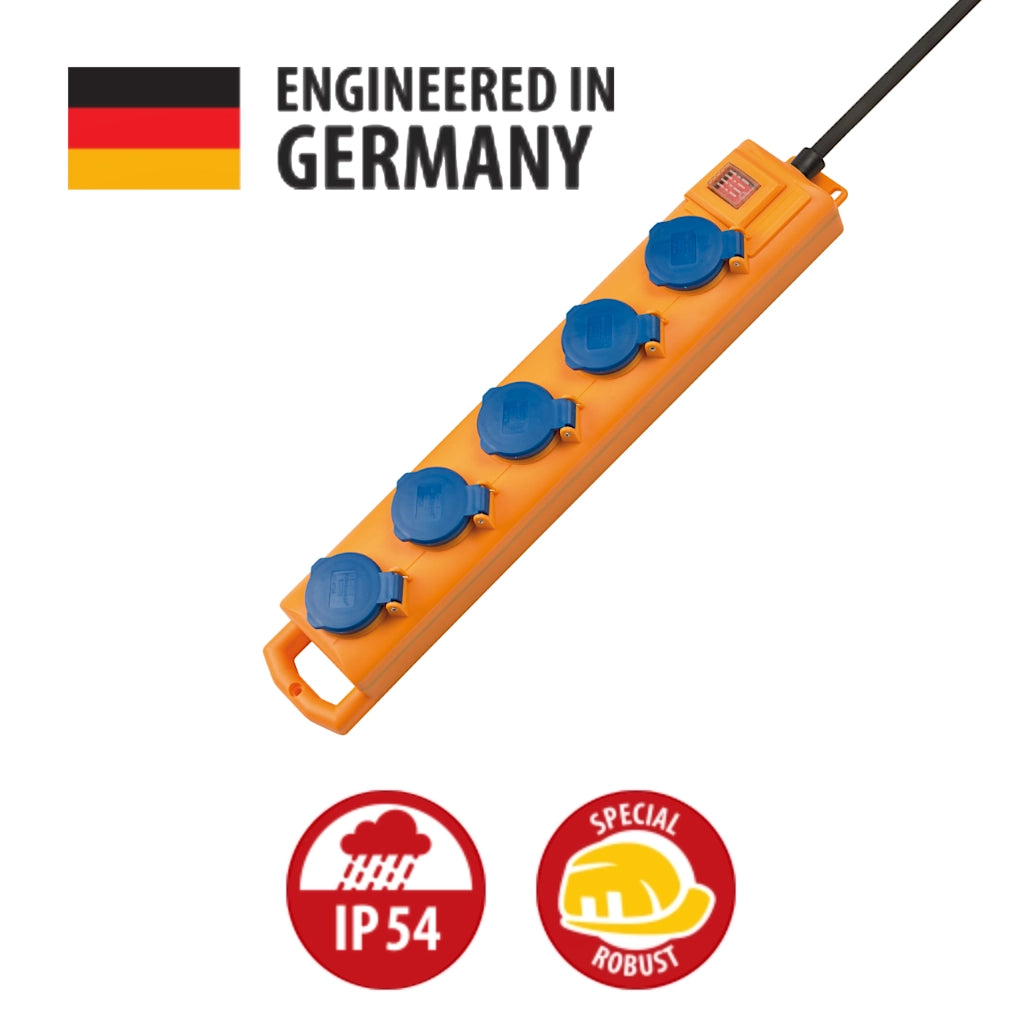 Brennenstuhl Steckdosenleiste gelb mit Schalter 5-fach IP54 (1159900205) Ansicht von oben mit dem Hinweis "Engineered in Germany" und IP54 Logo