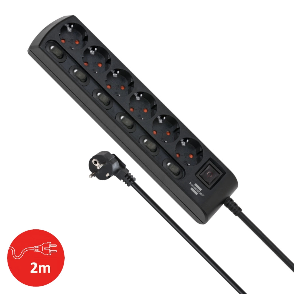Brennenstuhl Steckdosenleiste 6-fach einzeln schaltbar schwarz (1153110116) Ansicht von oben mit Kabel und Stecker
