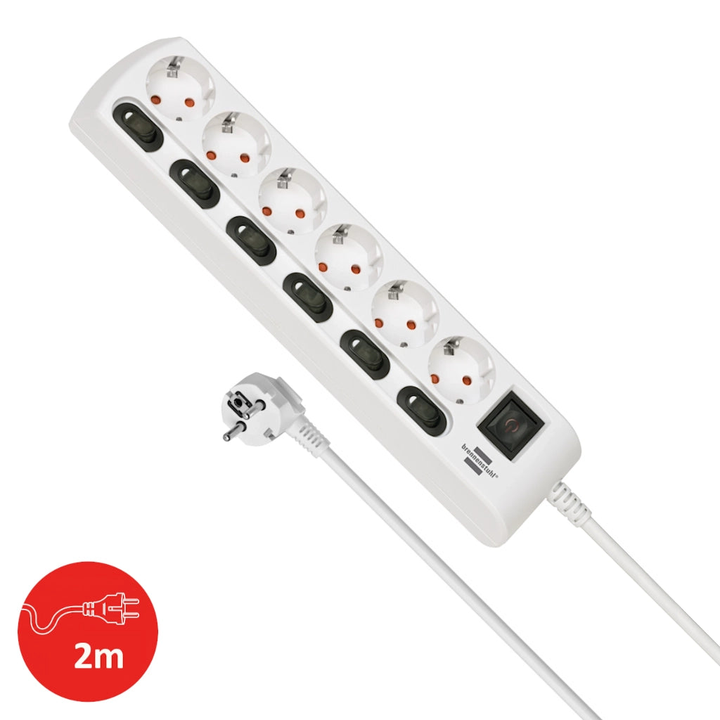Brennenstuhl Steckdosenleiste 6-fach einzeln schaltbar weiß (1153110126) Ansicht von oben mit Kabel und Stecker