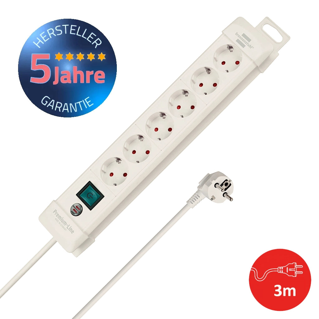 Brennenstuhl Steckdosenleiste 6-fach mit Schalter 3m weiß (1952260100) Vorderansicht zusammen mit Schutzkontaktstecker