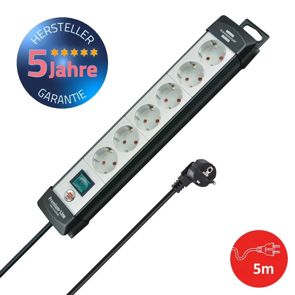 Brennenstuhl Steckdosenleiste 6-fach 5m grau/schwarz (1951560101) Vorderansicht mit Schutzkontaktstecker