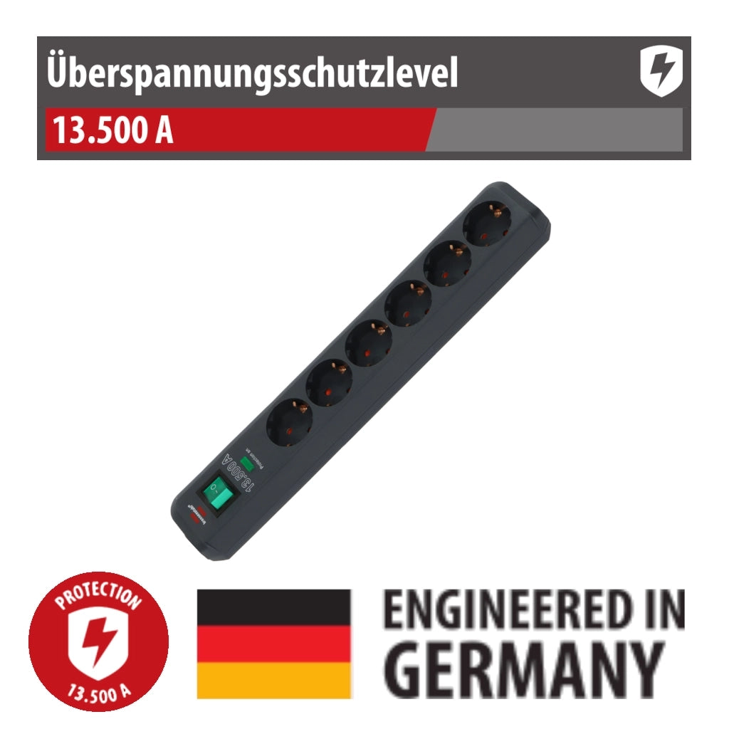 Brennenstuhl Steckdosenleiste 6-fach 1,5m anthrazit mit Schalter Überspannungsschutz Eco LIne (1159710) Ansicht schräg von oben