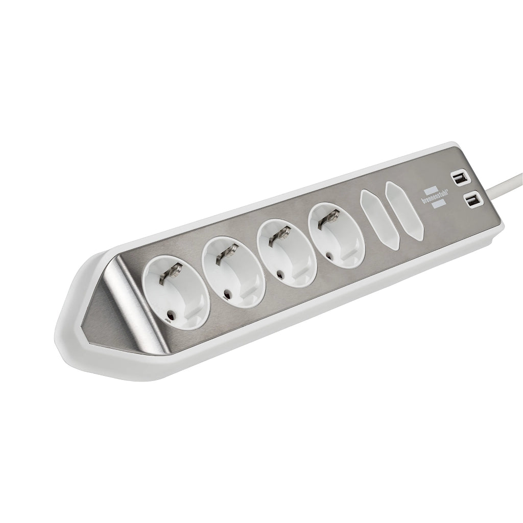 Brennenstuhl Eck-Steckdosenleiste 6-fach 2xUSB Edelstahl / weiß (1153590620) Ansicht schräg von vorn