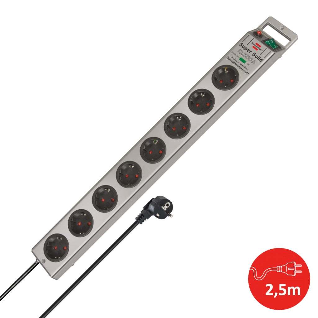 Brennenstuhl Steckdosenleiste 8-fach 2,5m silber Überspannungsschutz Super Solid (1153340318) Ansicht von schräg oben mit Stecker