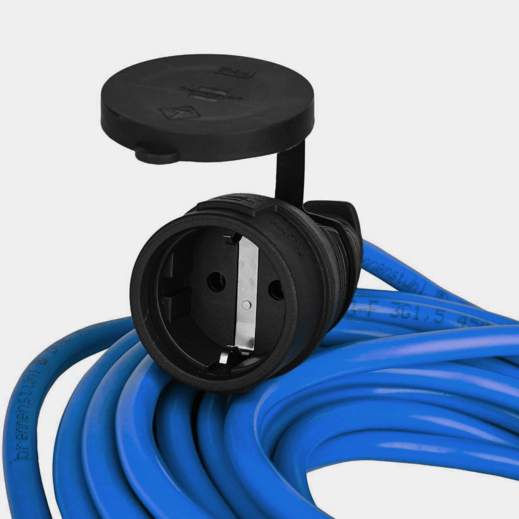 Brennenstuhl Verlängerungskabel 10m IP44 blau (1169810) Ansicht der Schutzkontakt-Kupplung mit Verschlusskappe