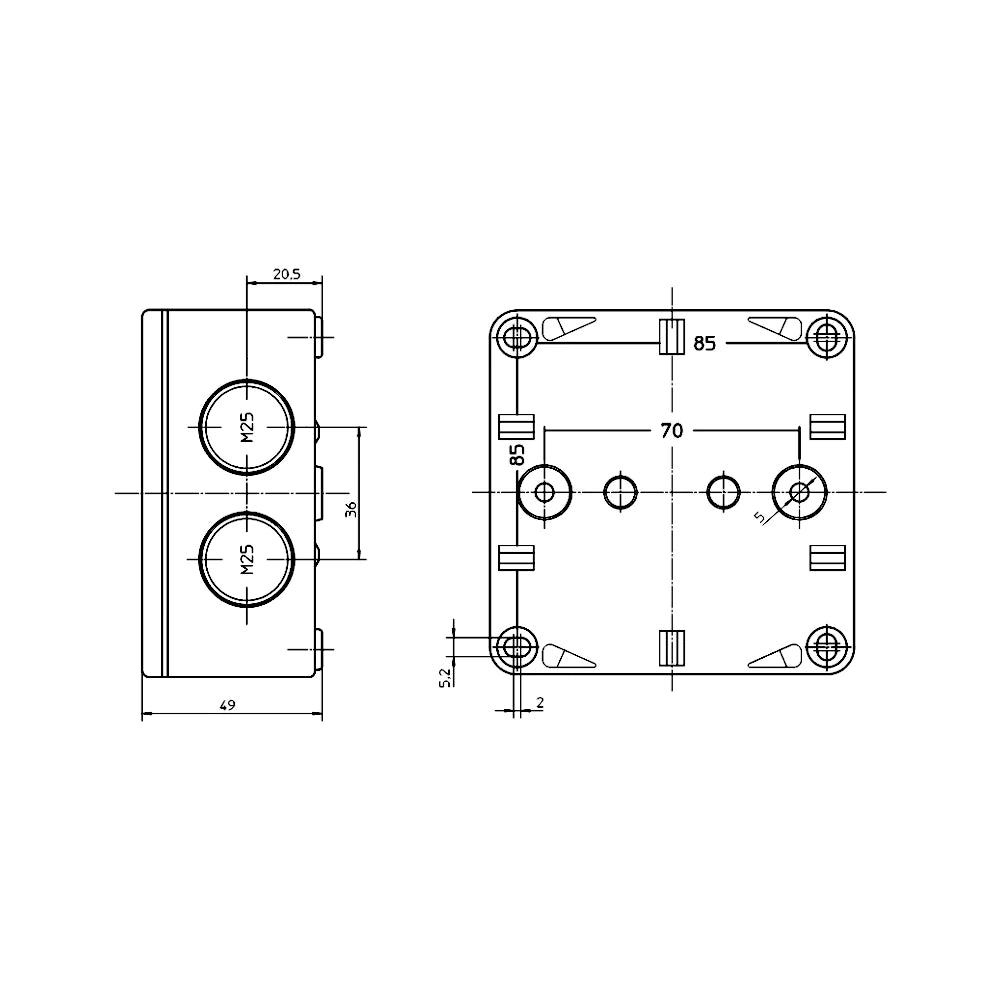 Spelsberg Abzweigdose Aufputz Feuchtraum technische Zeichnung Rückansicht und Seitenansicht mit Abmessungen