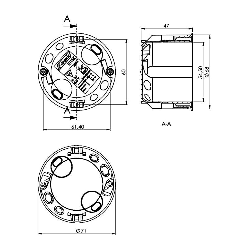 f-tronic Hohlwanddose E115 47mm tief / Ø 68mm 7350094 technische Zeichnung mit Abmessungen