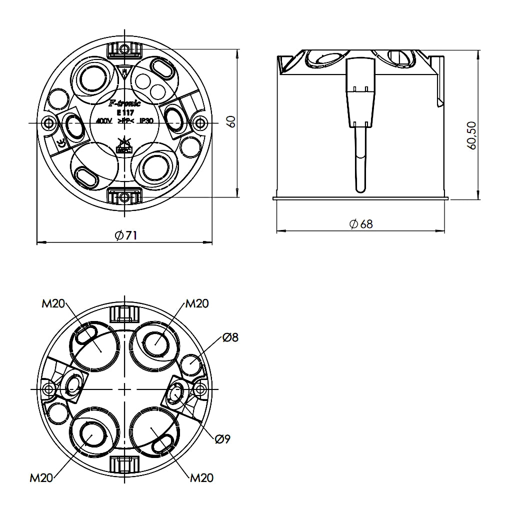 f-tronic Hohlwanddosen E117 61mm tief / Ø 68mm 7350096 technische Zeichnung mit Abmessungen