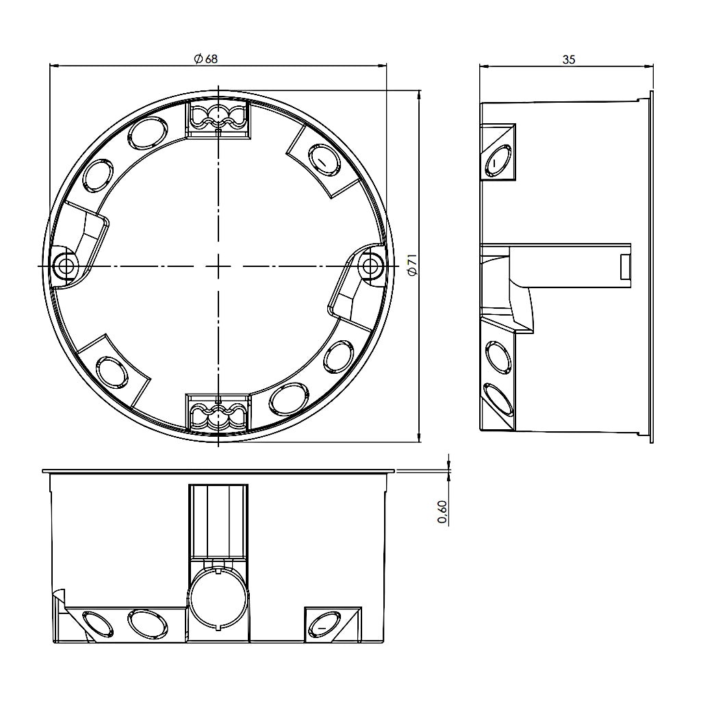 f-tronic Hohlwanddose E135 35mm tief / Ø 68mm (7350099) technische Zeichnung mit Abmessungen