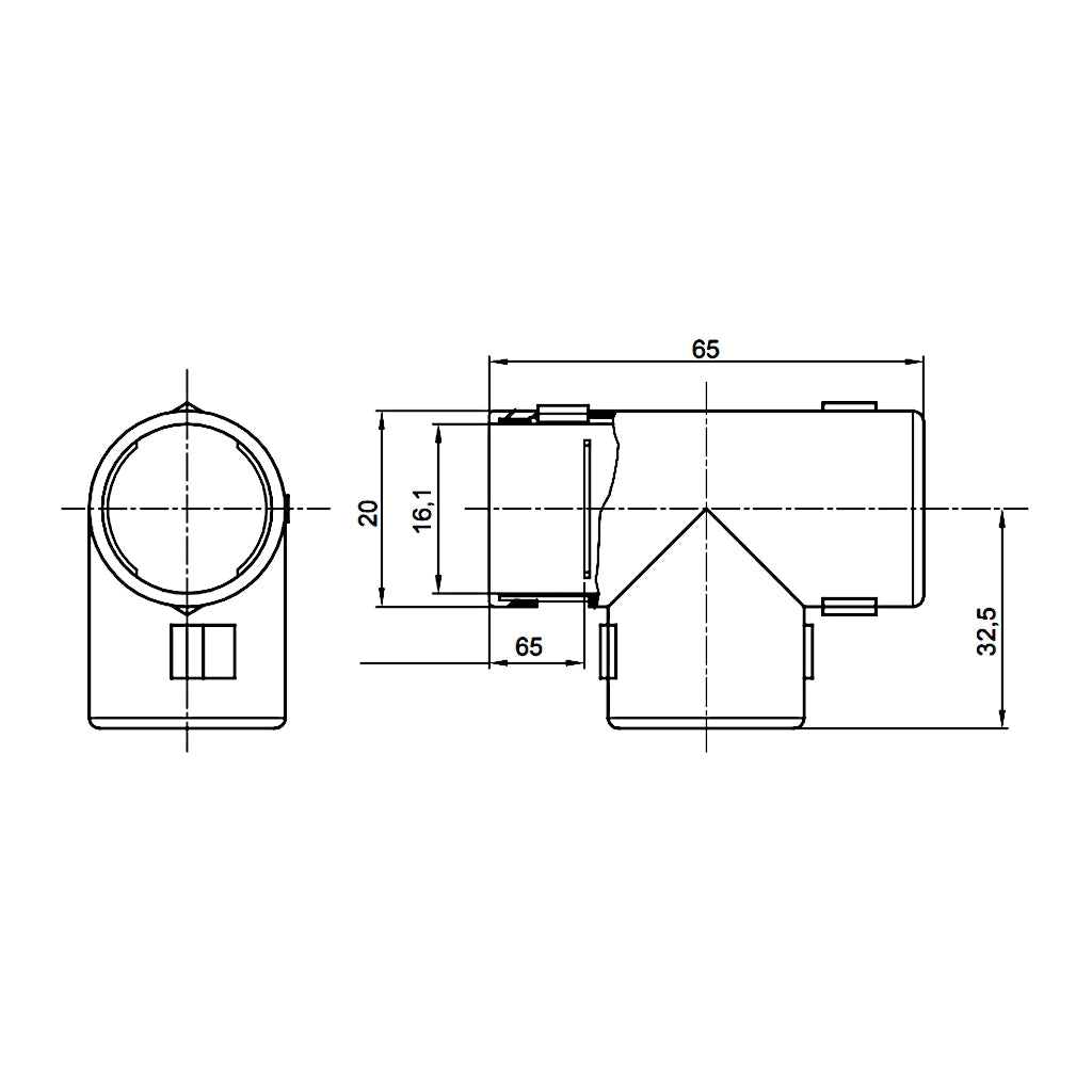 Gewiss T-Stück M16 (DX40216 / RKT16G) technische Zeichnung mit Abmessungen