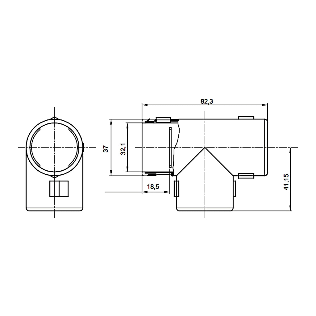 Gewiss T-Stück M32 (DX40232 / RKT32G) technische Zeichnung mit Abmessungen