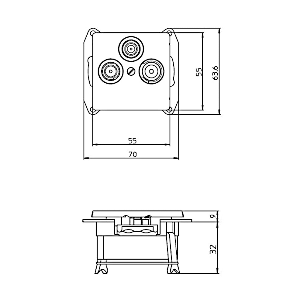 Kopp Athenis grau matt Antennendose SAT/TV/RF technische Zeichnung mit Abmessungen