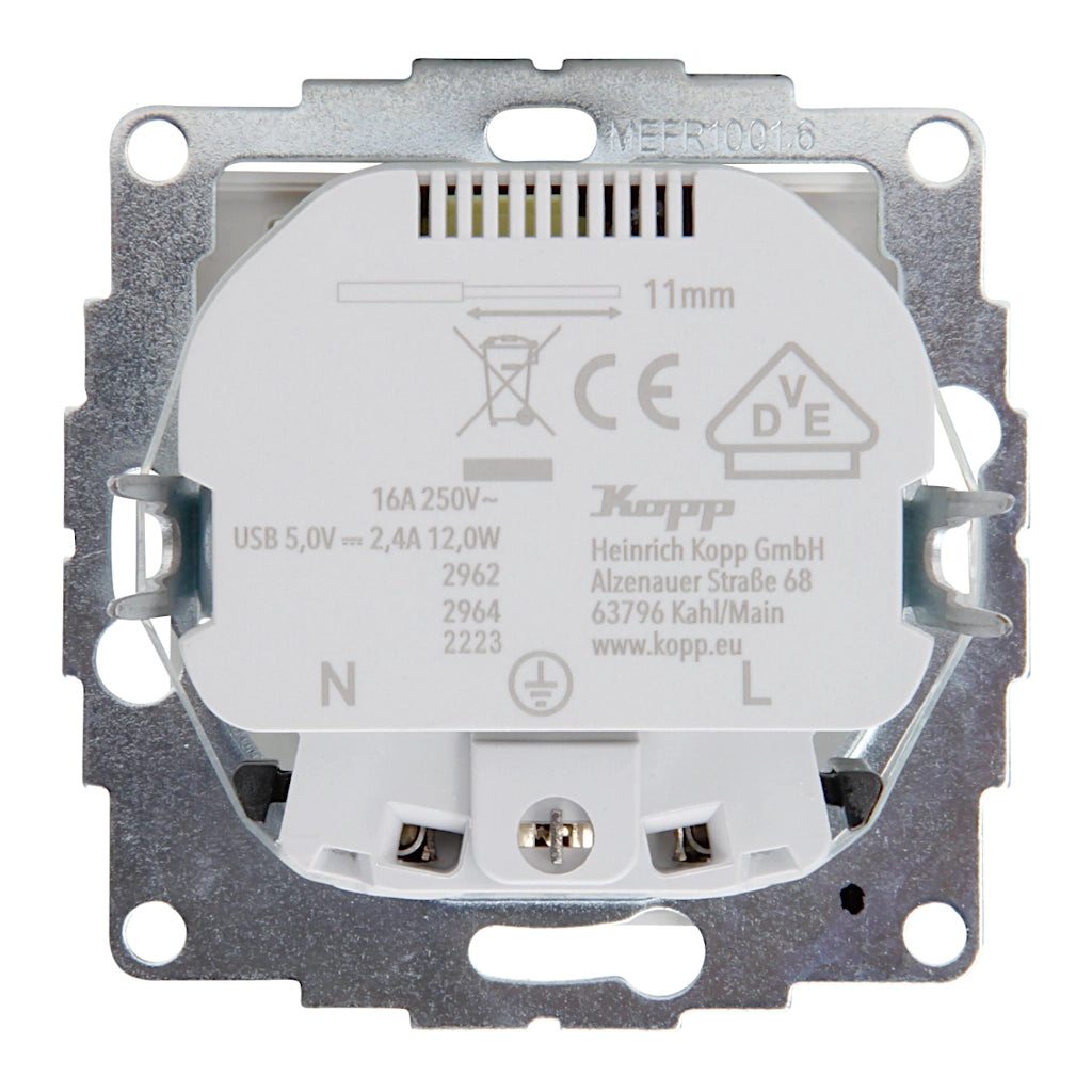 Kopp Athenis reinweiß Steckdose mit Berührungsschutz + 2x USB Rückansicht
