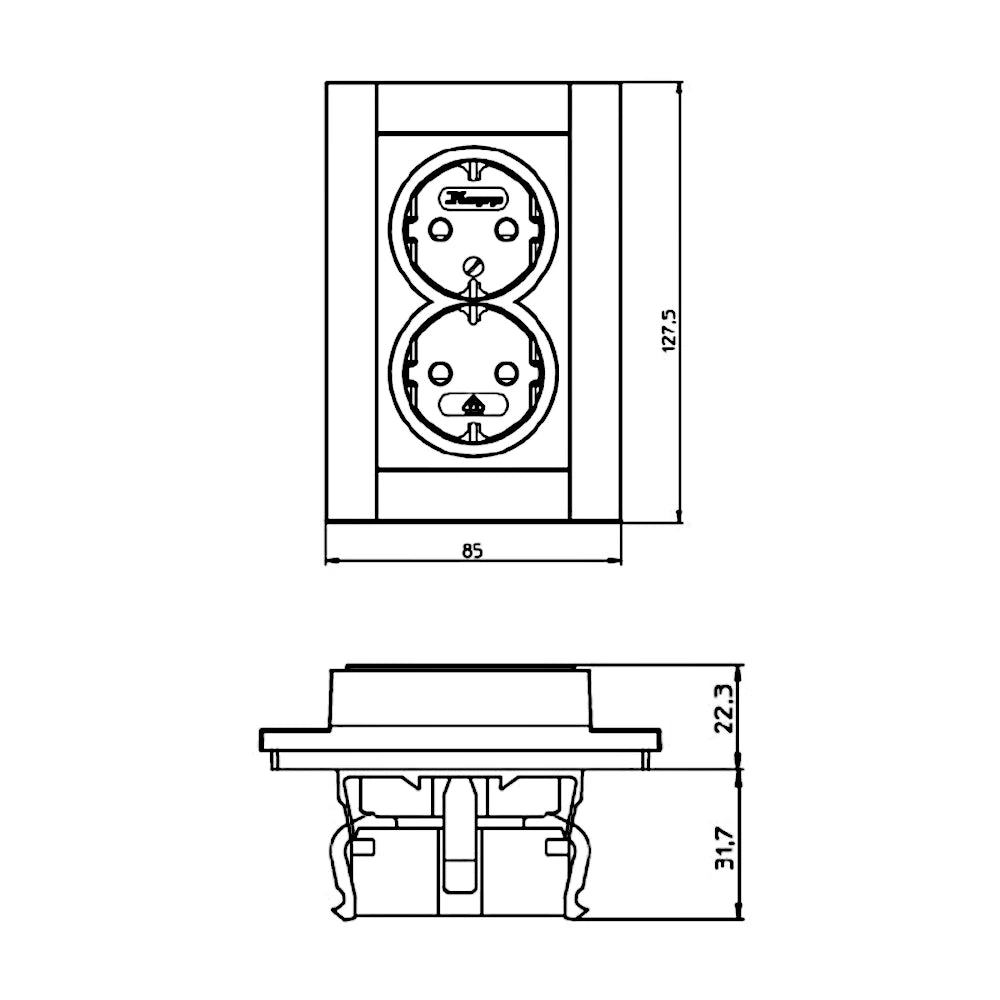 Kopp Athenis schwarz matt Steckdose 2-fach mit Berührungsschutz technische Zeichnung mit Abmessungen