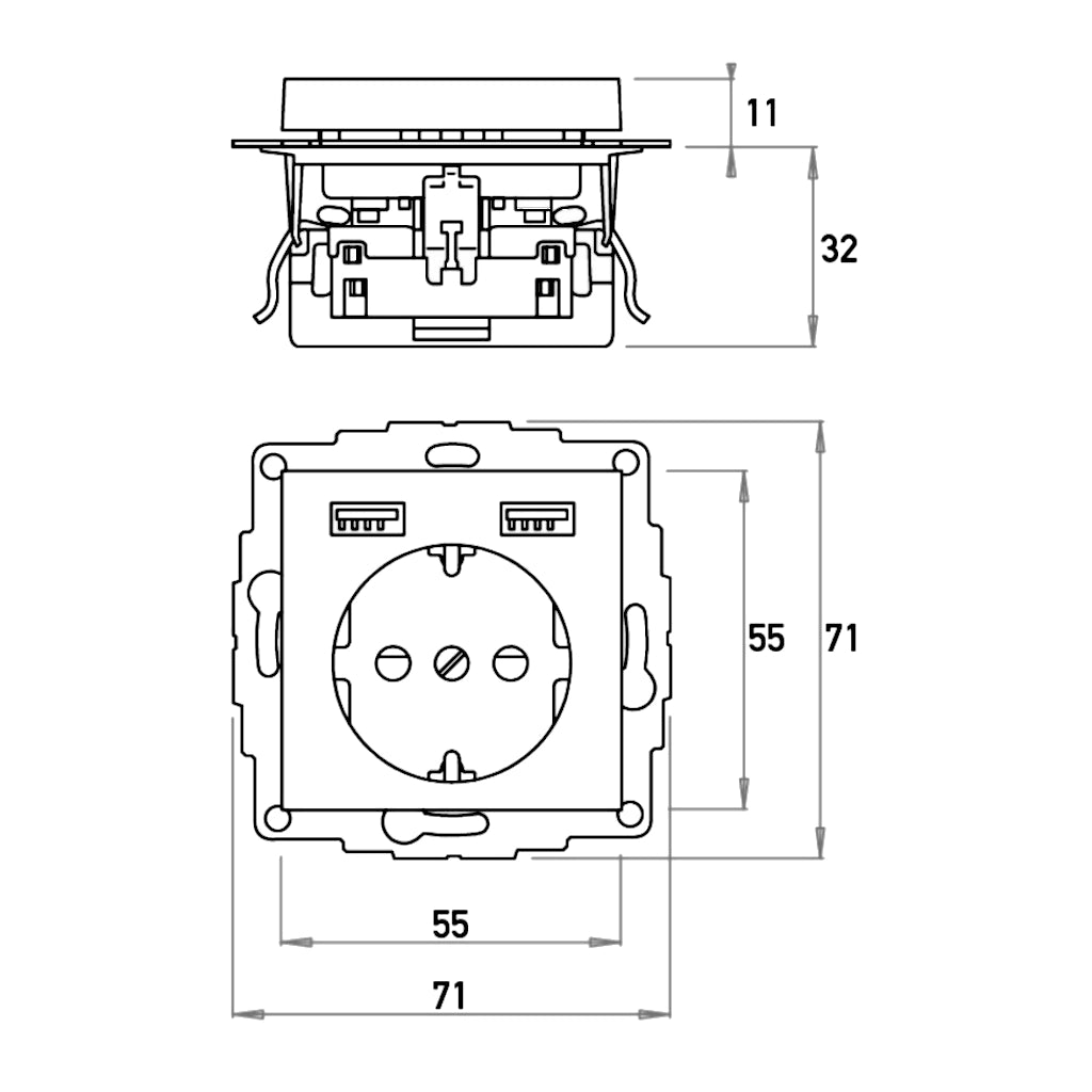 Kopp Athenis Steckdose mit 2x USB-A technische Zeichnung mit Abmessungen