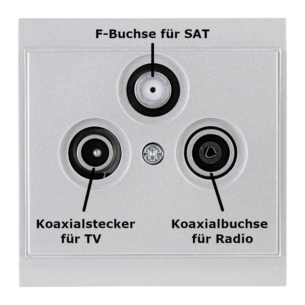 Kopp Malta silber Antennendose SAT/TV/RF (916120083) Vorderansicht mit Beschriftung der Anschlüsse