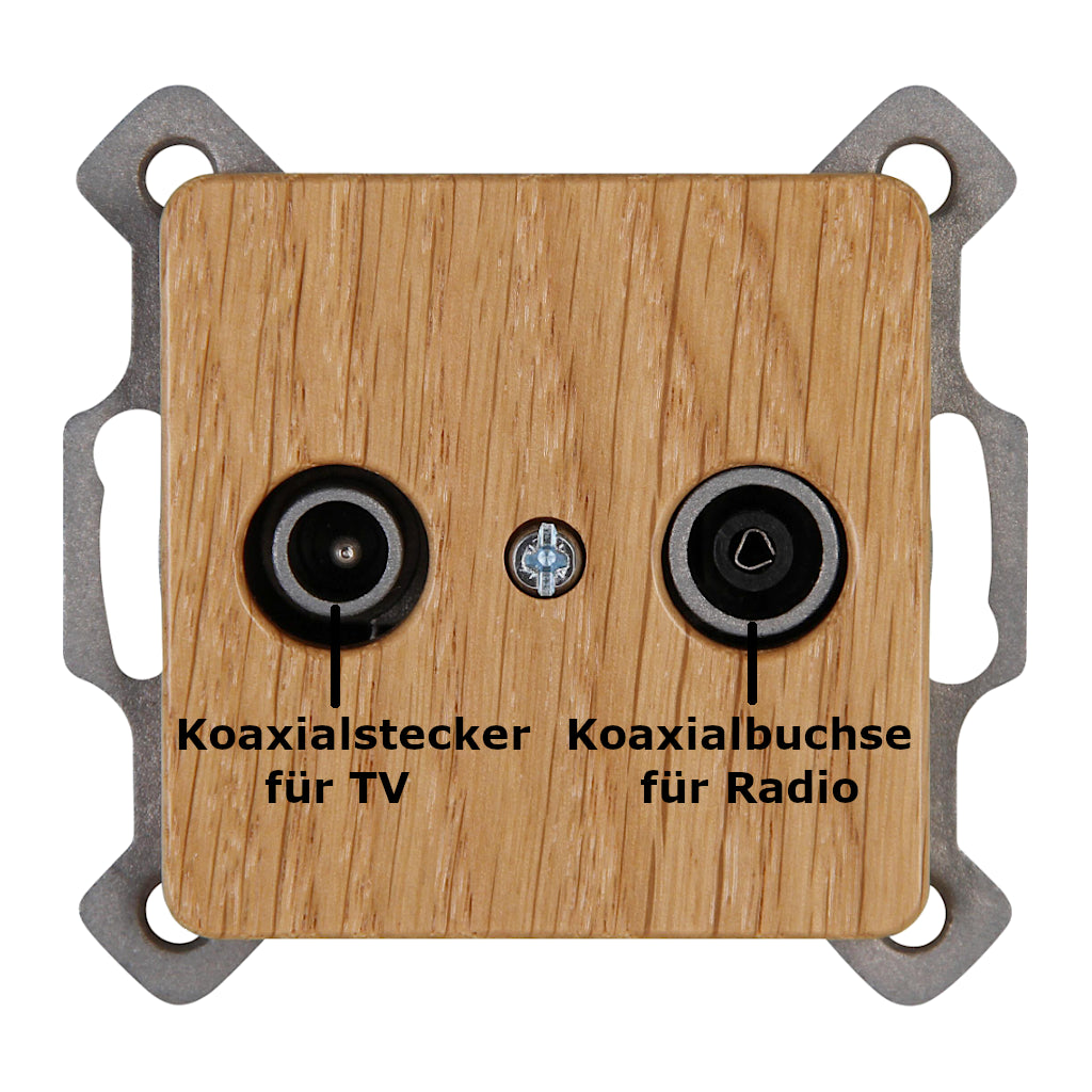 Kopp Milano Eiche Antennendose TV/RF (917030088) Vorderansicht mit Beschriftung der Anschlüsse
