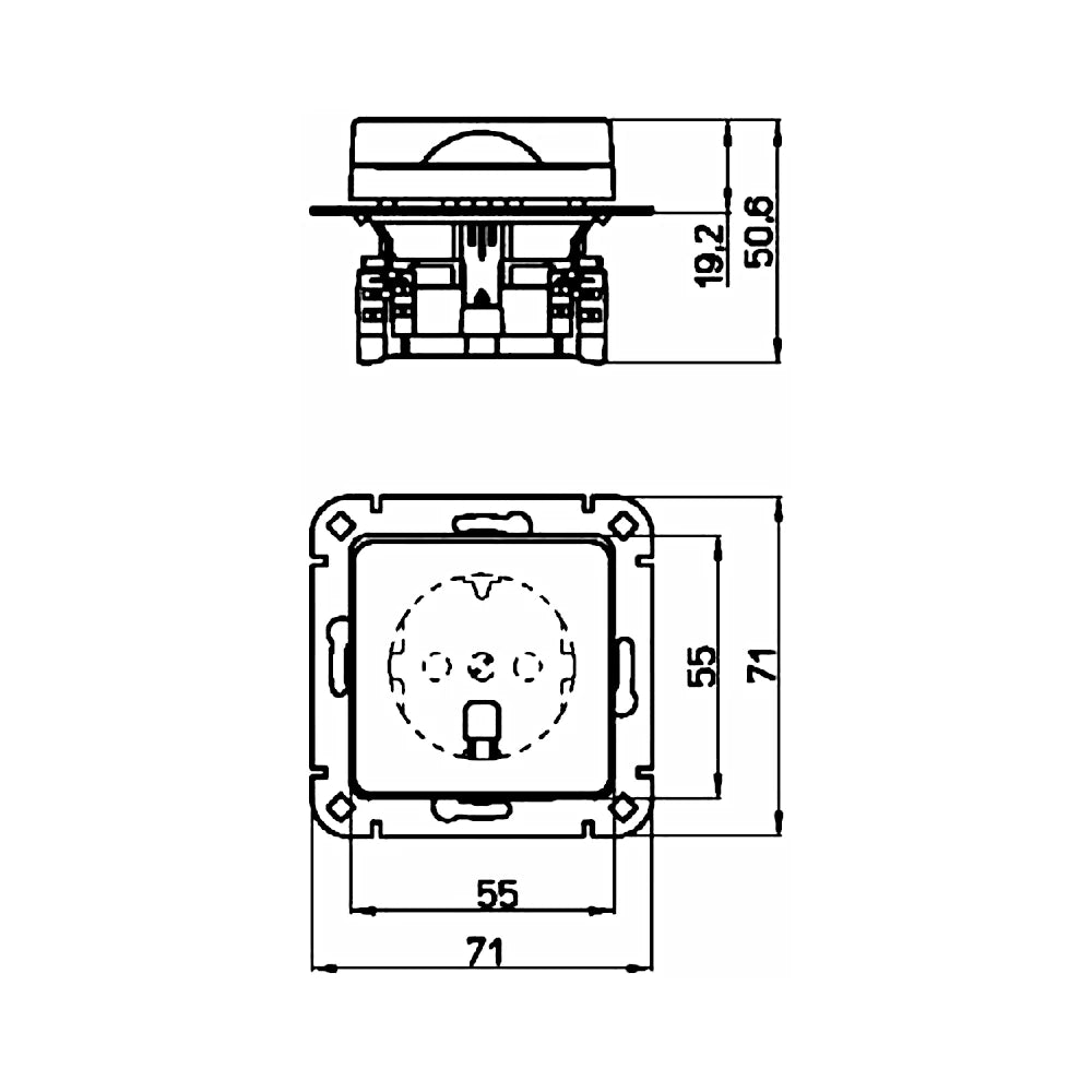 Kopp Milano weiß Steckdose mit Berührungsschutz + Deckel technische Zeichnung mit Abmessungen