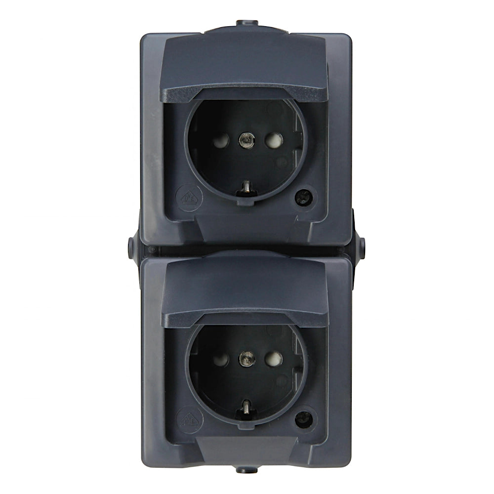 Kopp Nautic anthrazit Steckdose mit Berührungsschutz 2-fach senkrecht (136915009) Vorderansicht beide Deckel geöffnet