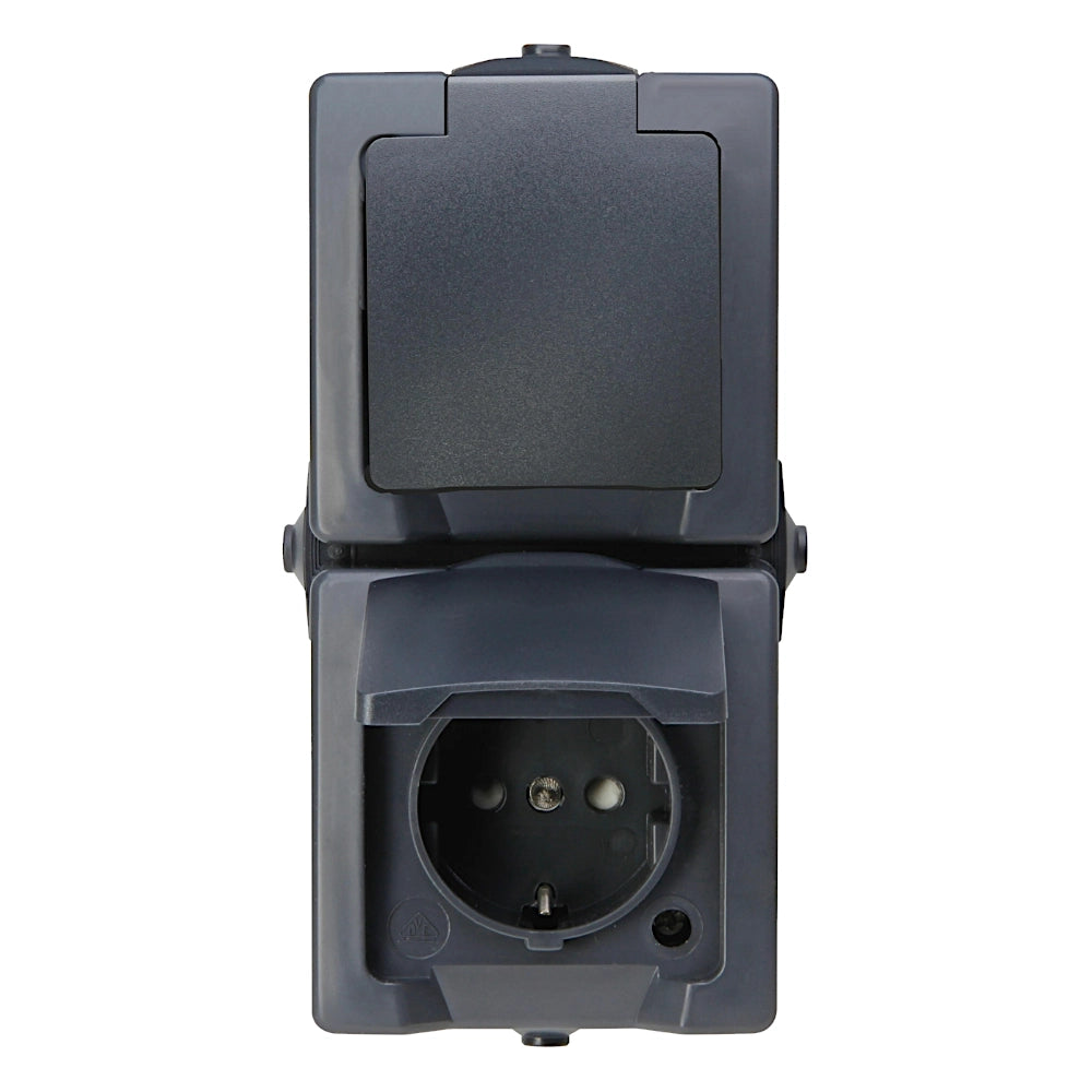 Kopp Nautic anthrazit Steckdose mit Berührungsschutz 2-fach senkrecht (136915009) Vorderansicht ein Deckel geöffnet